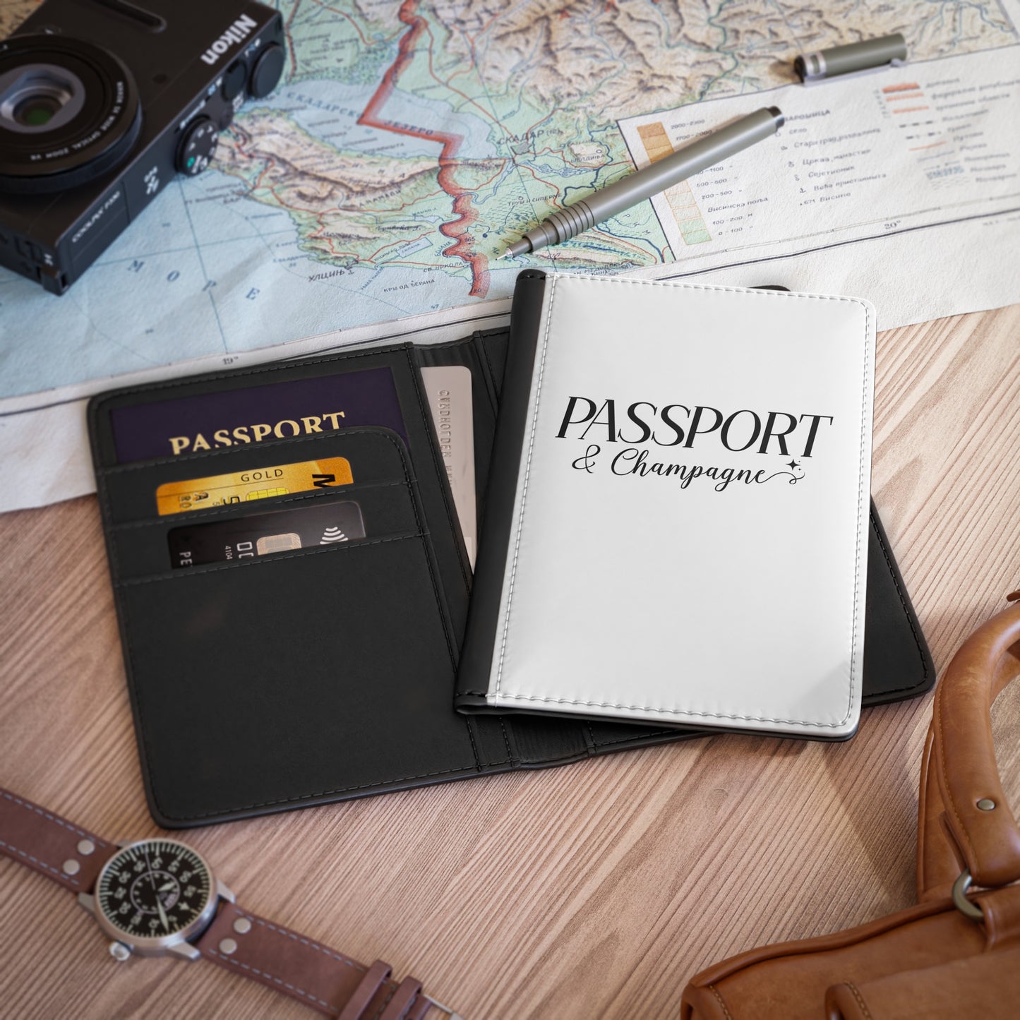 Passport & Champagne Passport Cover | Travel Accessory, Luxe Script